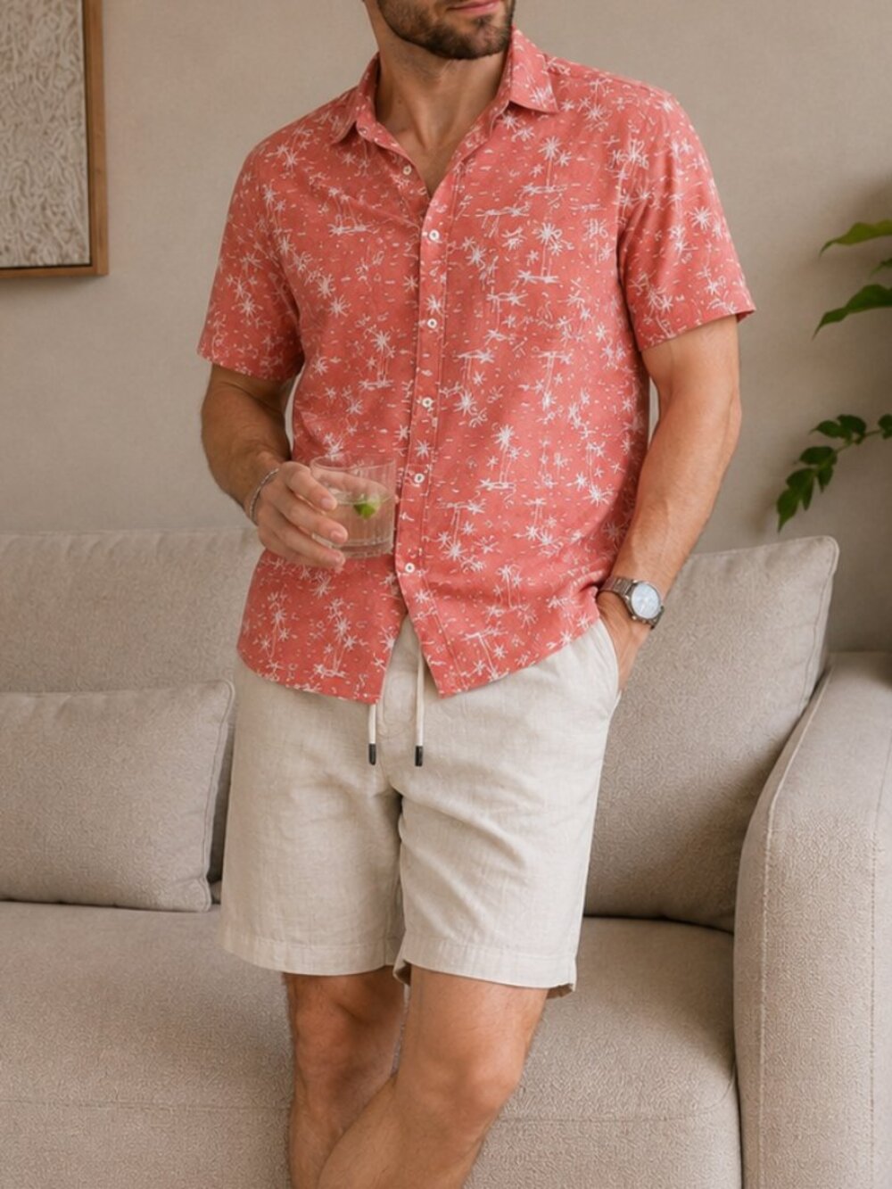 Level Ten Coral Palm Tree Short Sleeve Button Up Shirt Mens Small Hawaiian Beach